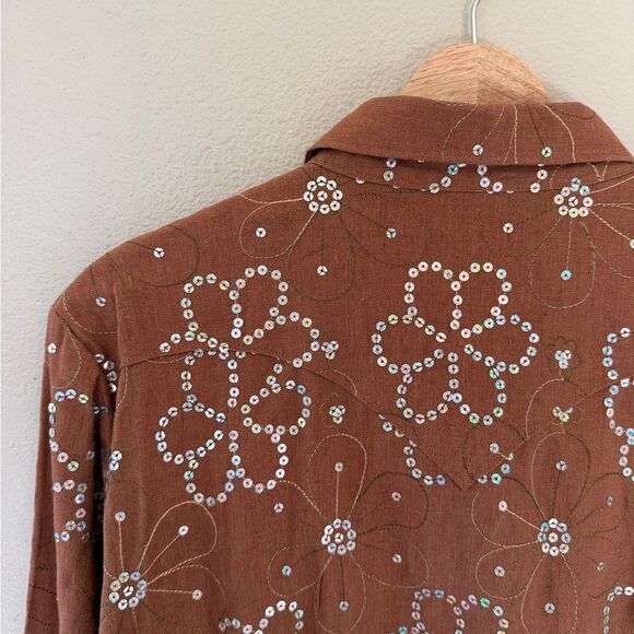 Roper Sequin Daisy Floral Brown Country Western Button Down Shirt Sparkle Size L - Picture 10 of 10